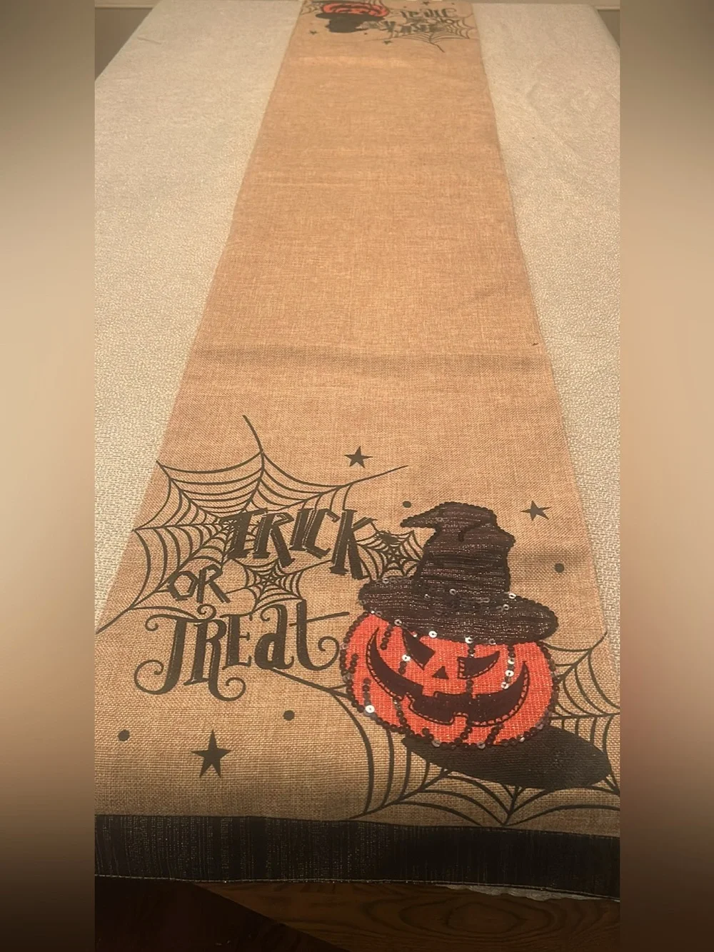 Halloween Pumpkin Trick or Treat Burlap Table Runner 70 inches